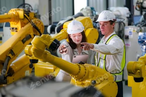 Preview: Indusrtial Robot technology, Engineers inspecting stock of welding robots at factory.