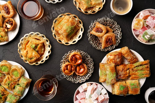 Preview: Delightful array of traditional sweets served on ornate dishes at a festive gathering in an elegant