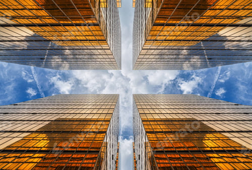 Preview: Uprisen angle of Hong Kong skyscraper with reflection of clouds among high building,Building glasses