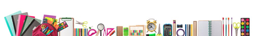 Preview: Back to school border, banner. Supplies isolated on white color background, top view