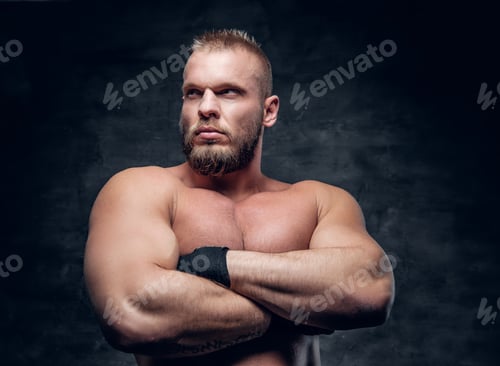 Preview: Studio portrait of brutal bearded muscular male over grey vignette background.