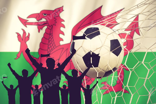 Preview: Silhouettes Of Soccer Fans With Flag Of Wales .Cheer Concept Vintage Color