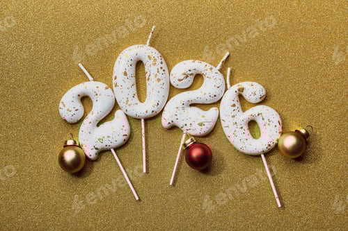 Visualização: Velas brancas com números 2026 criando um conceito festivo de celebração de ano novo em glitter dourado