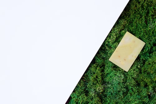 Preview: Natural background with green moss and soap. Flat lay, copy space.