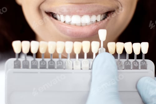 Preview: Unrecognizable Dentist Choosing Right Emanel Color For Black Female Patient In Clinic