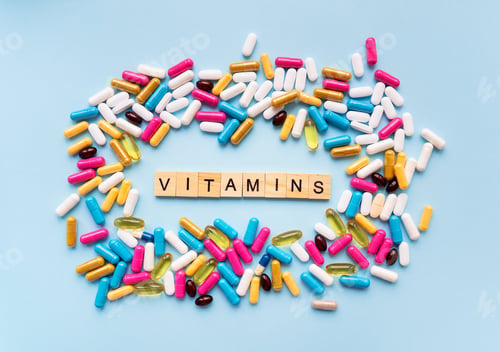 Preview: Bright different types of medicines for health. Medicines on a blue background with the inscription