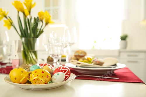 Preview: Festive Easter table setting with decorated eggs, closeup