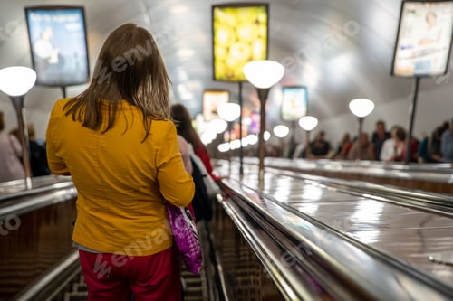 Preview: Girl in yellow jacket and red trousers is going down on escalator in metro. People in subway