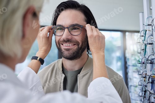 Preview: Optician, glasses and happy man in store for vision, eyesight and choice of frames. Customer face,