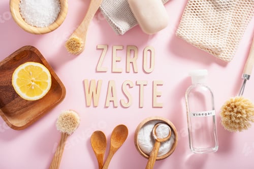 Preview: zero waste eco friendly cleaning concept. wooden brushes, lemon, baking soda, vinegar