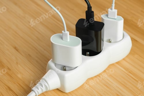 Preview: The electrical extension strip with connected white and black power plugs on the wooden table. Smart