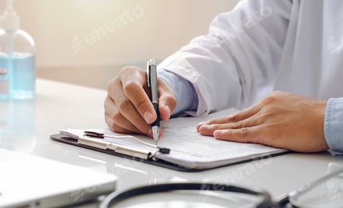 Preview: A male doctor with a uniform sits at a table in the doctor's office and writes a prescription