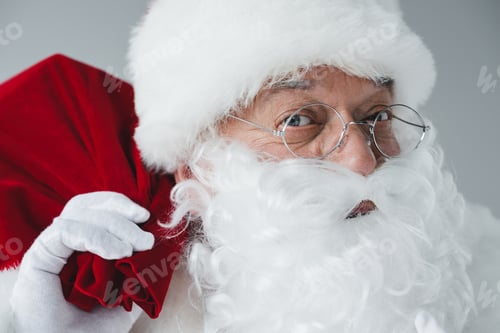 Preview: close-up view of santa claus in eyeglasses holding bag and looking at camera