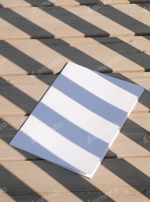 Preview: magazine mockup on rustic wooden background with shadow stripes
