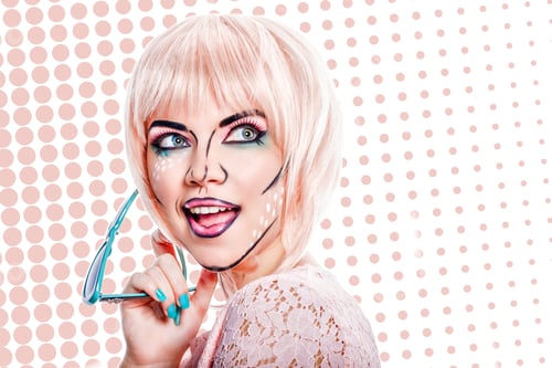 Preview: Girl With Sunglasses And Makeup In The Style Of Pop Art On A Colored Background. Attractive Girl