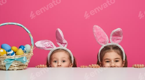 Preview: Two Children Peeking Over Table with Easter Basket