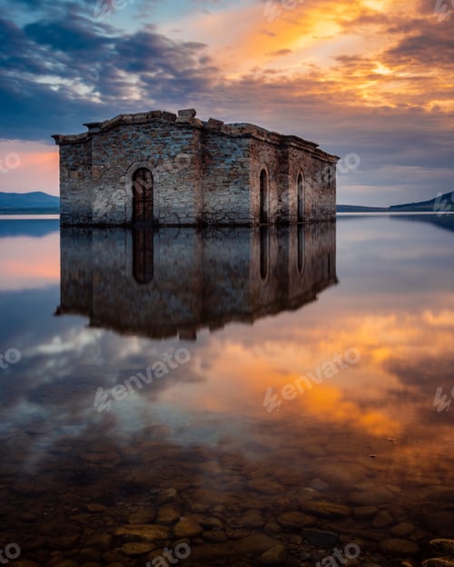 Preview: an old stone building is shown under the setting sun, and it's reflected
