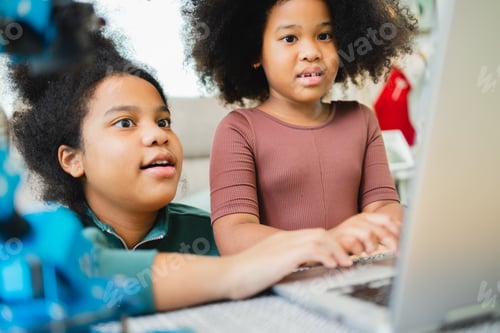 Preview: Two African American girls have fun working together while studying online using computers at home.
