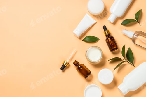 Preview: Natural cosmetic products at color background.