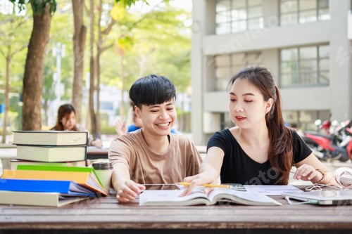 Preview: A happy group of attractive young student is tutoring and discussing at the study table.