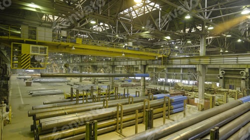 Preview: Yellow Indoor Crane. Work hanging of a crane at the plant for the production of pipes