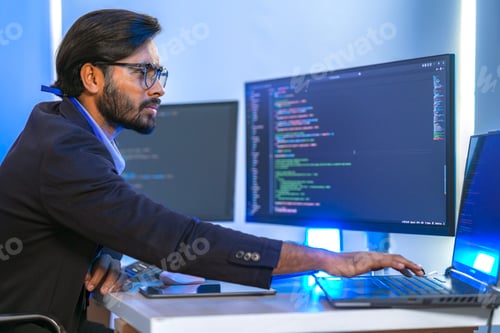 Preview: focused Indian financial analyst or software developer working late in a modern office