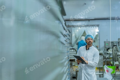 Preview: Factory technician in a clean uniform conducting a detailed inspection