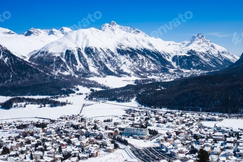 Preview: Celerina in snow covered mountain valley, Engadin, Switzerland