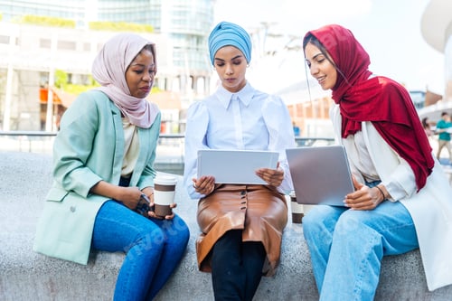 Preview: Beautiful muslim girl wearing hijab bonding outdoors