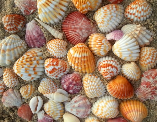 Preview: Colorful seashells at the beach in Abu Dhabi, UAE. Top view, flatlay in square format.
