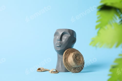Preview: Vacation concept with decorative head on blue background