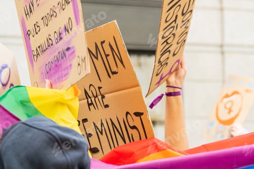 Preview: Gay young adults with lgbtq flag and feminist message