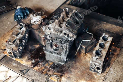 Preview: dirty auto engine in garage