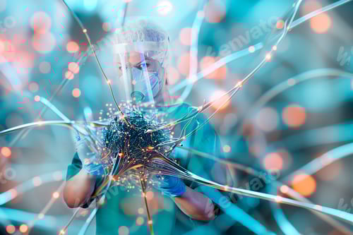 Preview: Doctor in a surgical suit studying the virtual structure of the new virus.Creation of a vaccine