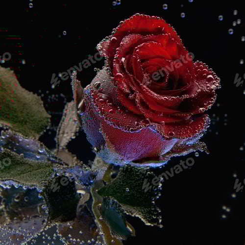 Preview: beautiful red rose covered in bubbles in water