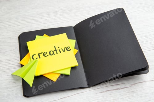 Preview: front view open dark notepad with motivation note on white background business drawing schedule job