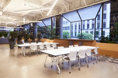 Preview: Seating in empty corporate business cafeteria, Los Angeles