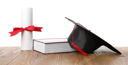 Preview: Graduation cap, diploma and book on wooden table against white background