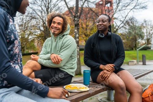 Preview: Diverse friends talking and eating lunch in park