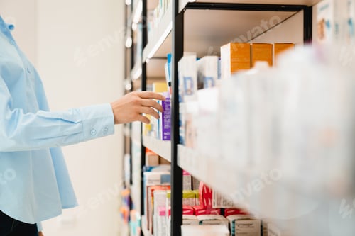 Preview: Customer`s hands choosing stretching to the pharmacy shelves with medicines drugs pills