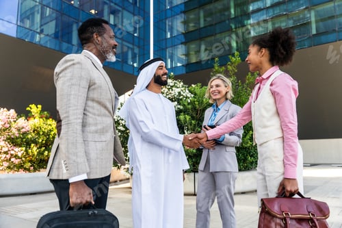 Preview: Group of multiethnic business people meeting an emirati businessman