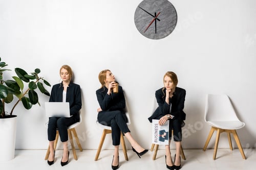 Preview: collage of businesswoman with various objects and emotions waiting in queue