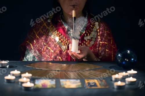 Preview: Tarot reader with tarot cards.Tarot cards face down on table near burning candles and crystal ball.