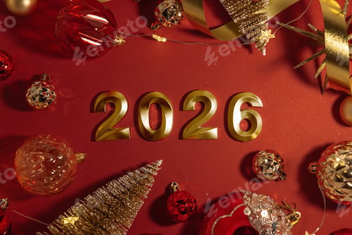 Preview: Festive 2026 New Year Celebration with Champagne and Ornaments on Red Background