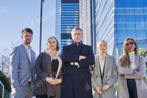 Preview: Portrait of happy businessmen and satisfied businesswomen standing as a team.