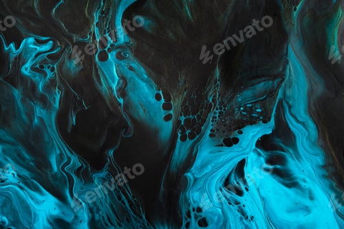 Preview: Fluid Art. Fluorescent blue waves with golden particles on black background. Marble effect