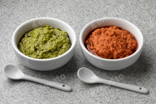 Preview: White bowls with red and green Italian pesto