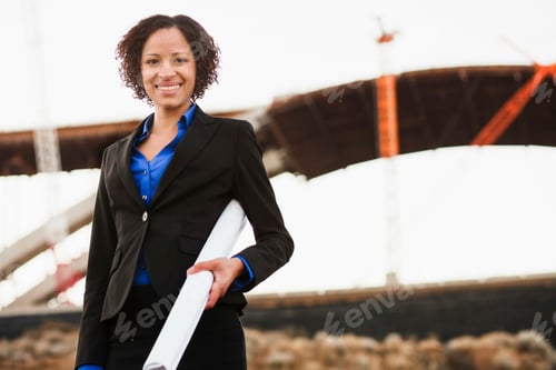 Preview: Woman on worksite with plans smiling