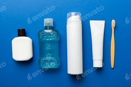 Preview: Mockup for bathing products top view flat lay, spa razor, toothpaste, soap, gel a