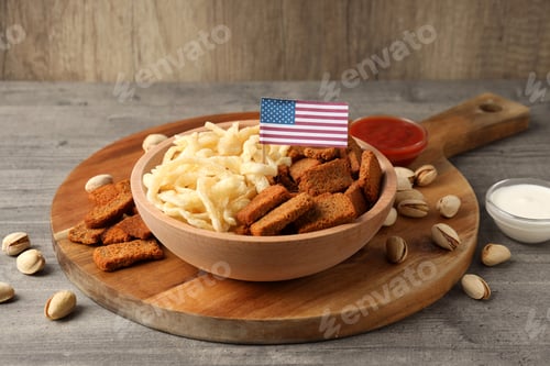 Preview: Concept of Super bowl snacks on gray wooden table